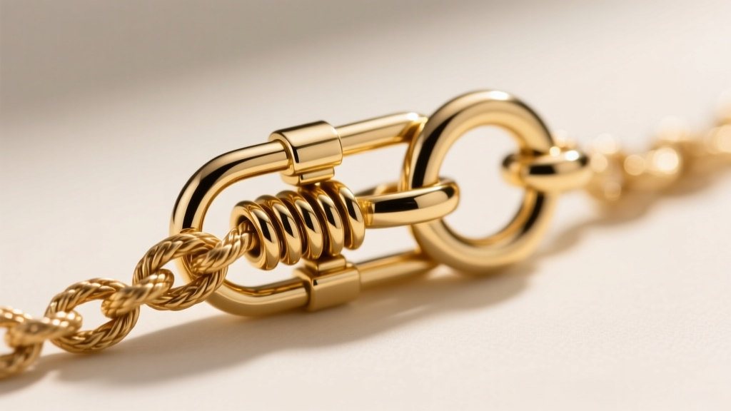 Macro view of a gold lobster clasp on a 4mm rope chain, revealing the spring mechanism and a perfectly soldered jump ring.