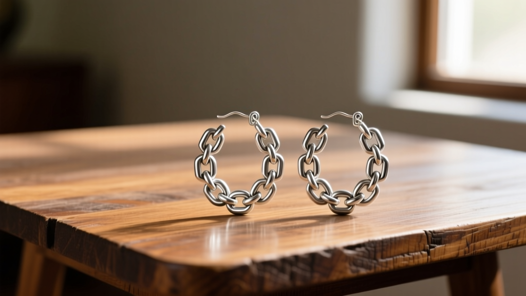 Mid-century Los Castillo style Mexican silver hoop earrings with interlocking geometric links displayed on a weathered wood table.