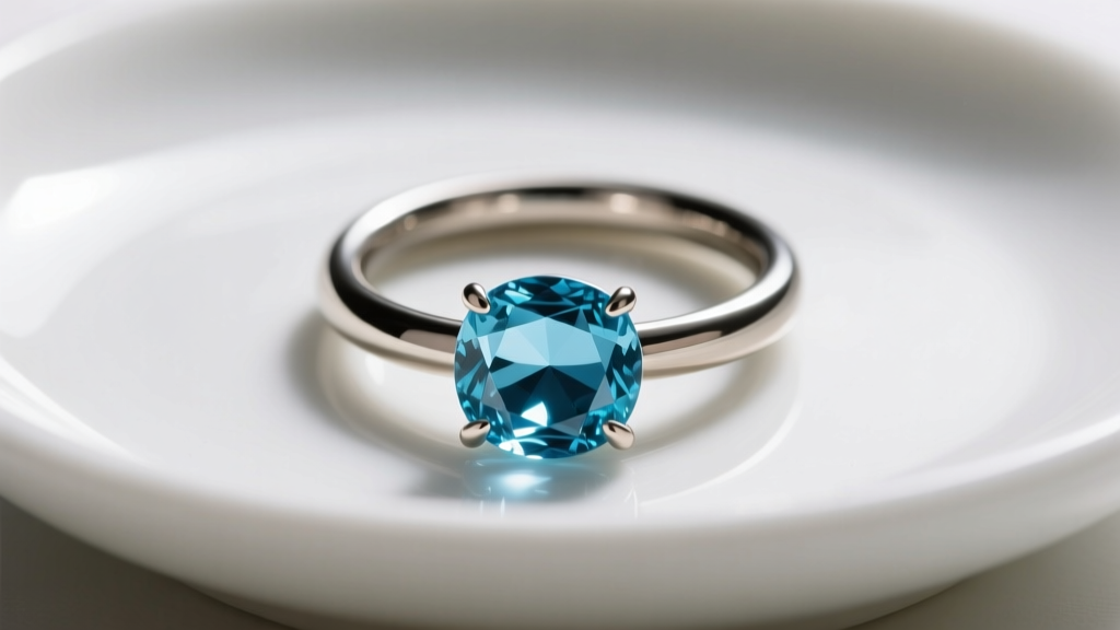 Macro photography of a 16-gauge implant-grade titanium cartilage hoop with a deep blue aquamarine gemstone resting on a ceramic dish