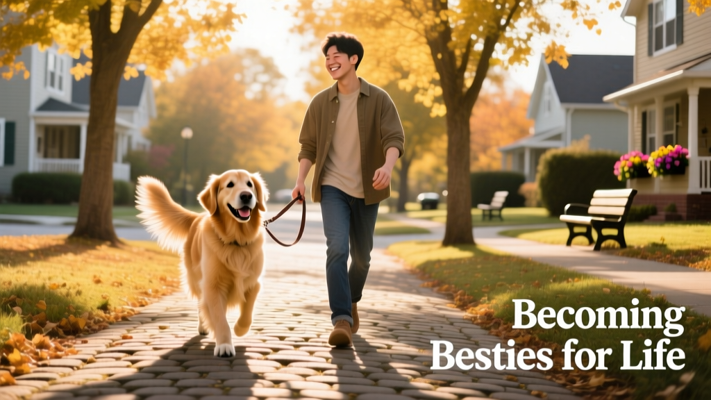 A joyful dog and person walking side by side on a sunlit neighborhood path, smiling and relaxed