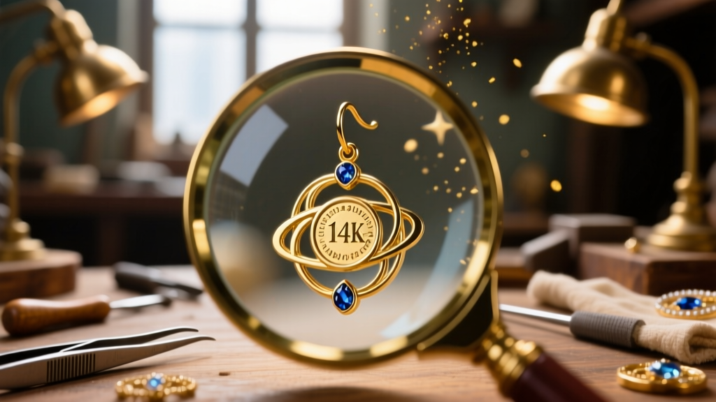 Loupe examining the hallmark stamp on a 14k gold fantasy sigil earring replica against a blurred jewelry workshop background.