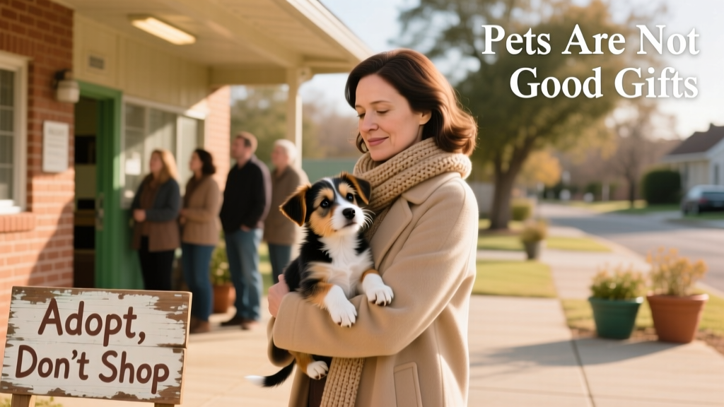 A woman holding a small puppy while standing outside an animal shelter with a line of people waiting