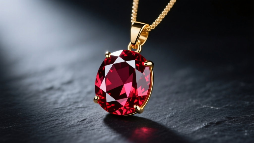 Faceted pyrope red garnet pendant in 14k gold on dark slate, soft lighting highlighting deep crimson fire and brilliant facets.