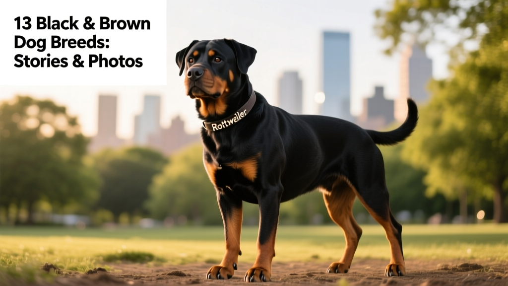 A confident, muscular Rottweiler standing outdoors with a glossy black coat and rich tan markings above the eyes, on the cheeks, chest, and legs