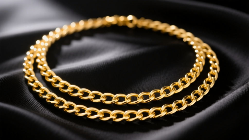 Macro shot of a 60-inch 14k yellow gold foxtail wrap necklace looped three times over black silk under soft directional lighting.