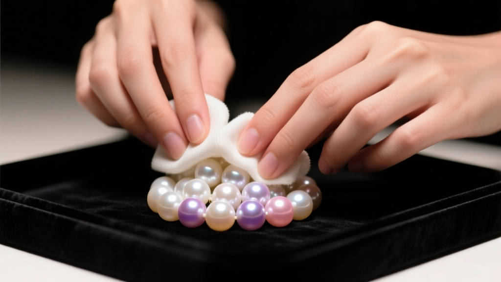 Hands wiping cultured freshwater pearls with a microfiber cloth on a dark velvet jewelry tray under soft, warm studio lighting.