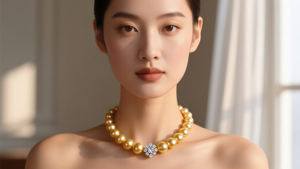 Portrait of a woman with warm skin wearing a strand of deep golden South Sea pearls with a diamond clasp in soft window light
