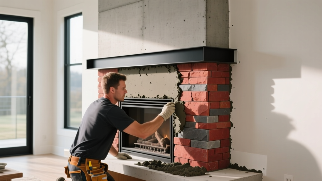 Mason applying Type S mortar to cement board while installing stacked stone veneer panels on a modern living room fireplace