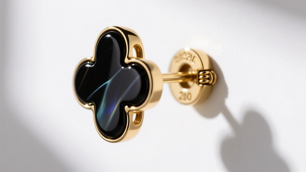 Side profile of a secure la pousette backing mechanism on a 20-gauge gold post attached to a small black onyx clover earring stud