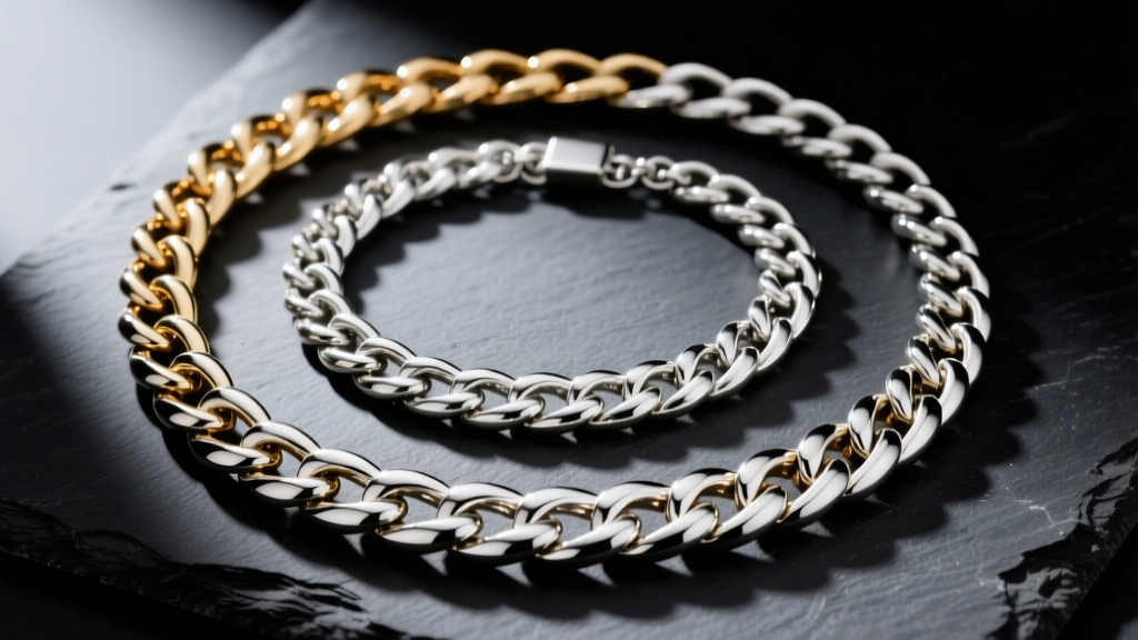 Three chunky sterling silver Cuban link necklaces of varying thickness on dark slate under dramatic studio lighting.