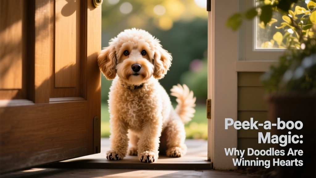 A fluffy Doodle crouching behind a partially open door, peeking out with bright eyes while his front paws remain visible