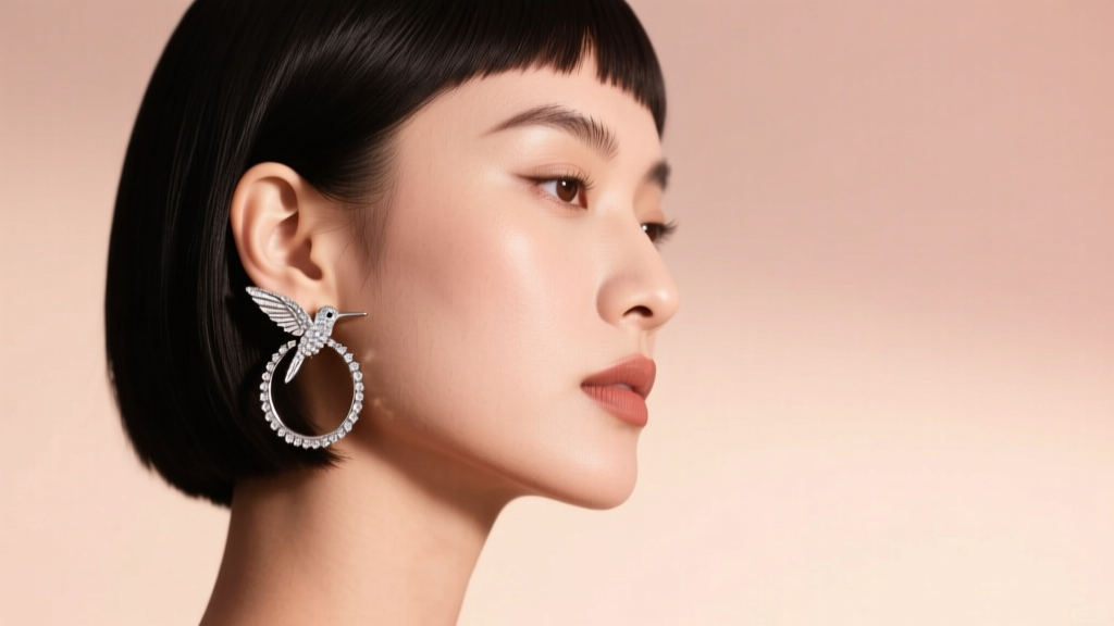 Side profile of a woman with a sleek bob wearing medium diamond hummingbird hoop earrings against a soft, warm studio background