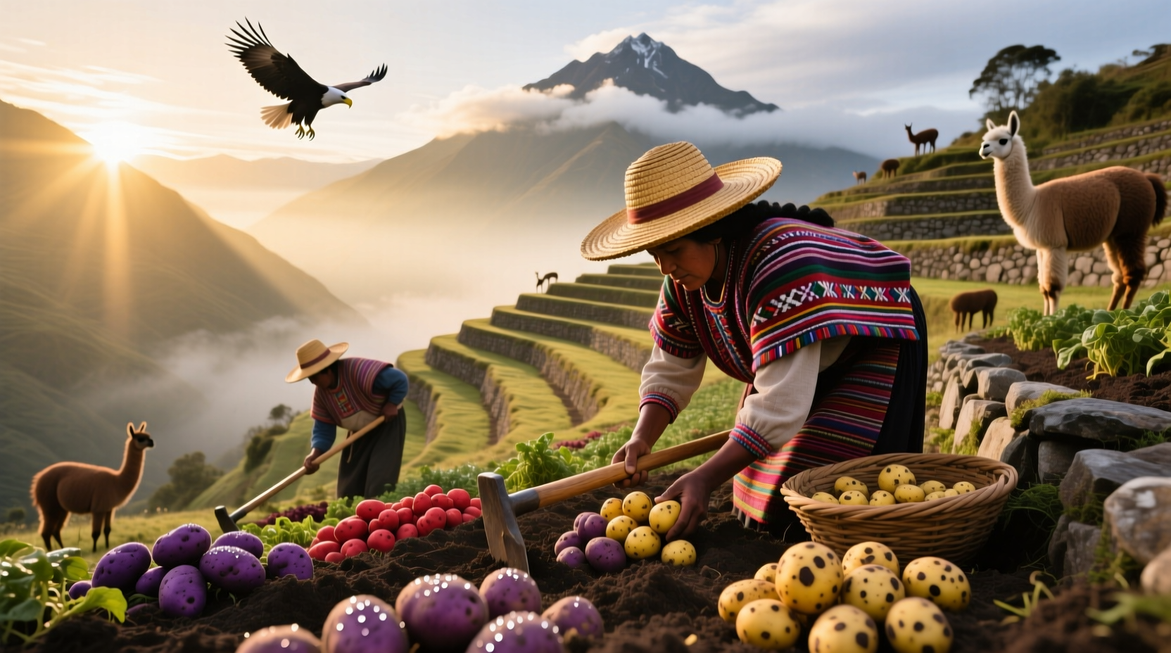 Ancient Andean farmers harvesting potatoes