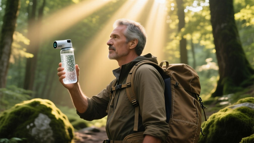 Traveler hiking in a forest holding a smart UV-C water purification bottle up to the sunlight with a rugged eco-friendly backpack visible