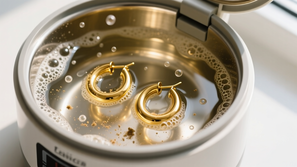 Overhead shot of an ultrasonic cleaner with soapy water submerging gold hoop earrings to show grime lifting from the metal posts.