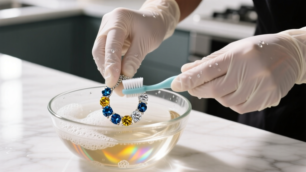 Hands in nitrile gloves scrubbing a moissanite bracelet with a soft baby toothbrush inside a glass bowl of warm soapy water.