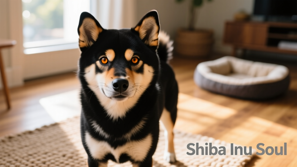 Close up headshot of black and tan shiba inu