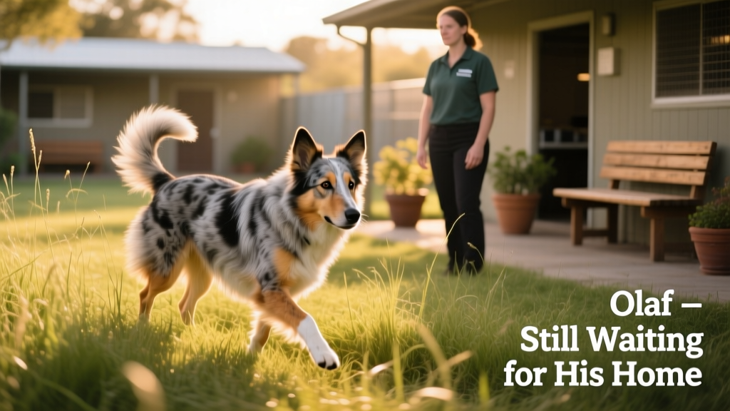 Olaf running gently through grass with shelter staff nearby, tail slightly lifted