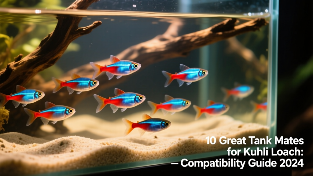 School of neon tetras shimmering in midwater above a sandy substrate with driftwood