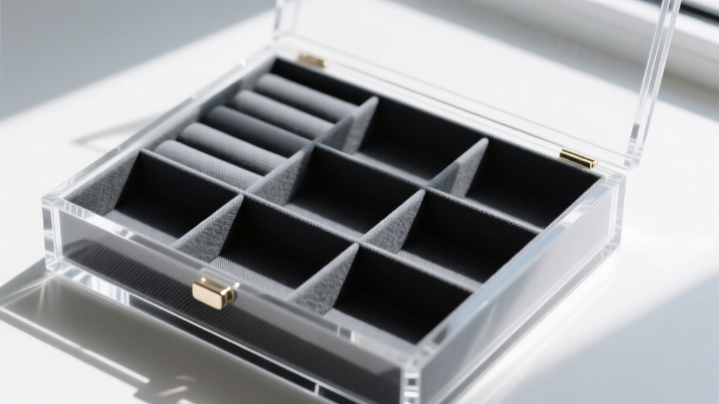Top-down view of a basic clear acrylic multi-compartment jewelry box being lined with dark grey archival anti-tarnish fabric