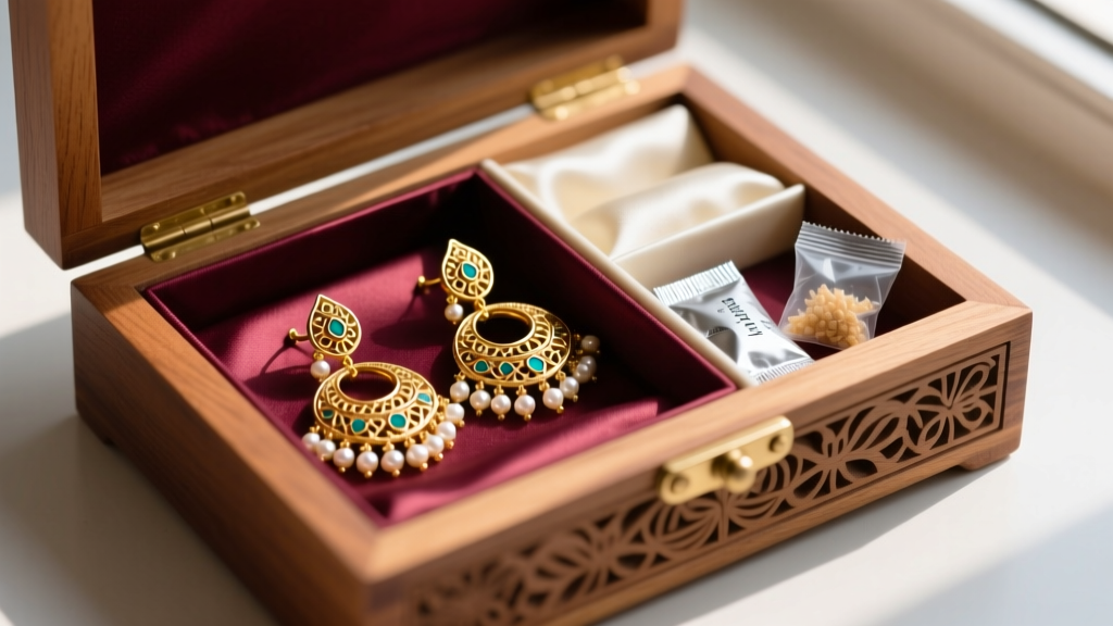 Wooden box with silk compartments, anti-tarnish strips, and silica packets stored beside polished 22k gold Indian jhumka earrings.