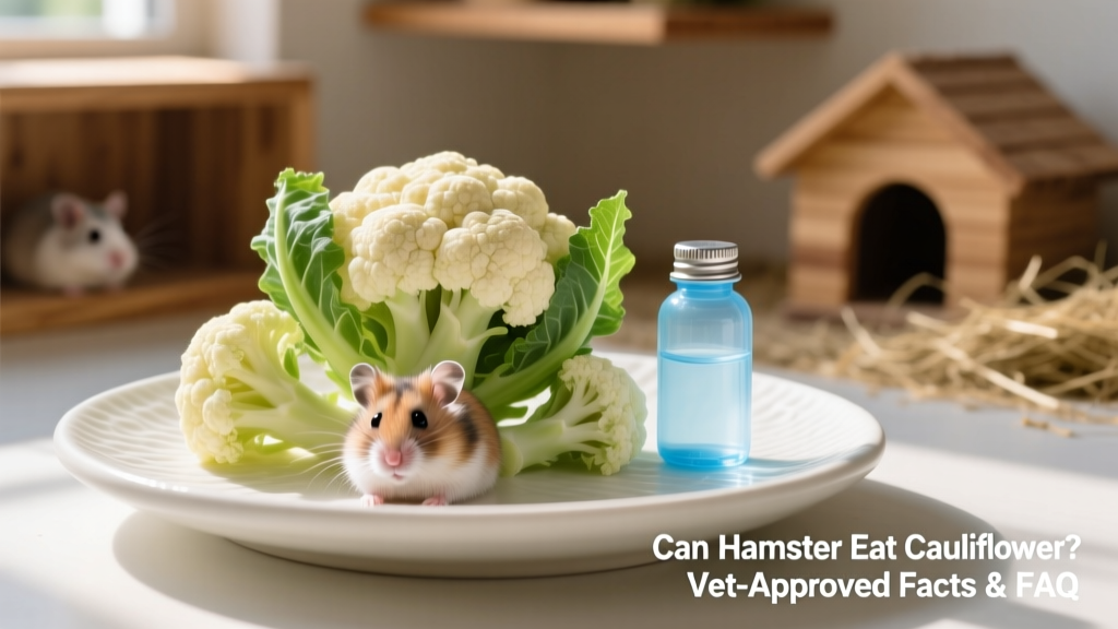 Close-up of fresh cauliflower florets and tender green leaves on a clean ceramic dish beside a hamster-sized water bottle