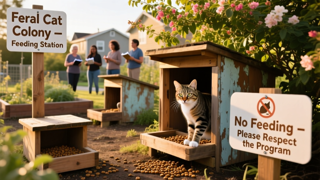 A community garden with signs indicating a managed feral cat colony, including feeding stations and shelter boxes