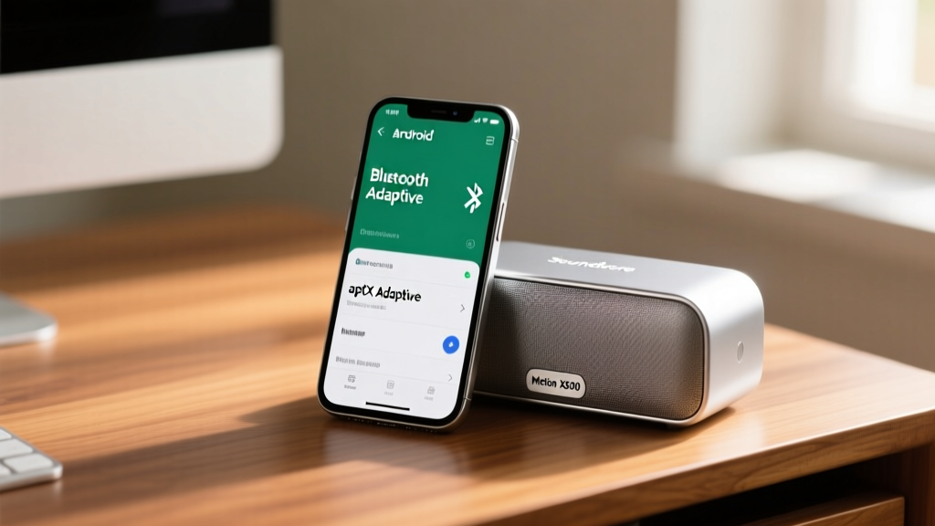 Smartphone displaying Android Bluetooth codec menu selecting aptX Adaptive next to a silver Soundcore Motion X600 speaker on a wooden desk