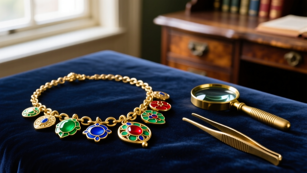 Tarnished 1980s gold-tone charm necklace with enamel charms on dark velvet next to brass tweezers and a loupe.