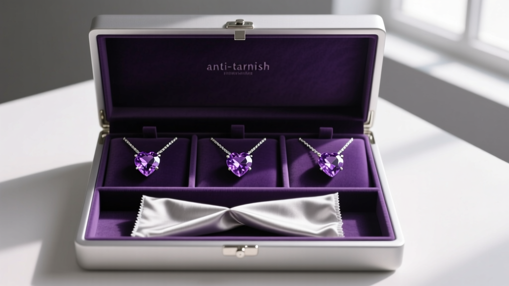 Open anti-tarnish jewelry box with velvet compartments holding purple gemstone heart necklaces and a silver polishing cloth