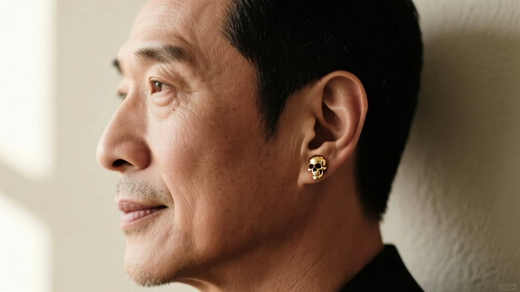 Side profile of a man wearing a minimalist 14k gold skull stud in his upper helix cartilage, lit by soft natural window light