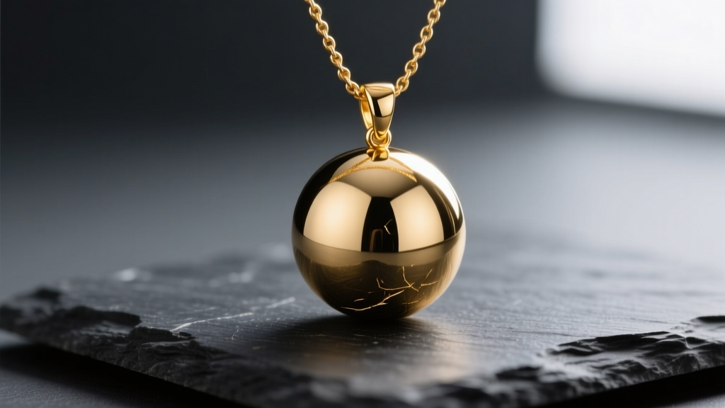 Close-up of a high-polish 14k solid gold orb pendant necklace resting on dark slate, reflecting soft studio lighting.
