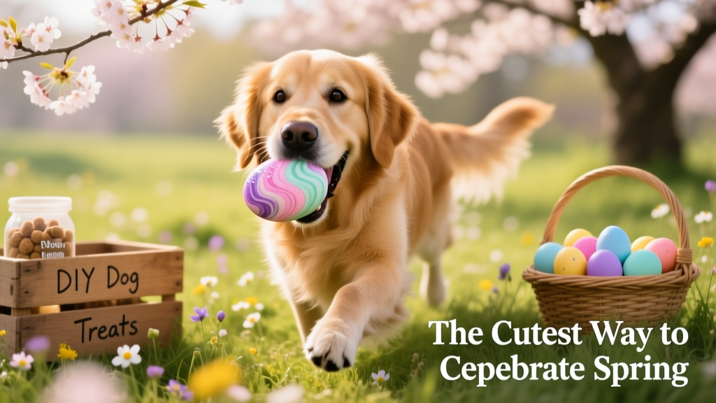 Happy golden retriever holding a marbled Easter egg treat gently in its mouth, outdoors in spring sunlight