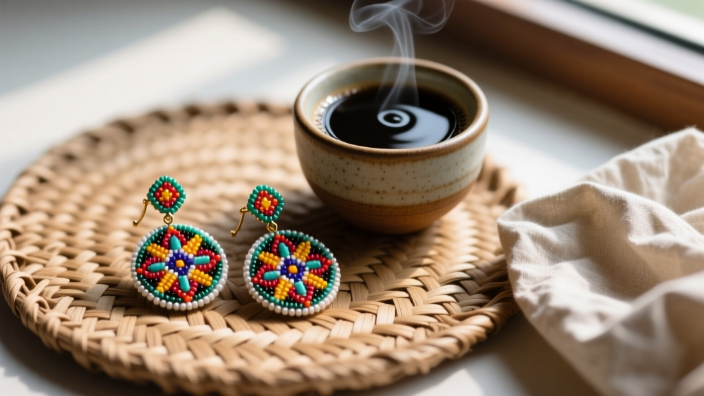 Mazahua floral seed bead stud earrings on a woven palm mat beside a small ceramic cup of black coffee and a wrinkled linen cloth.