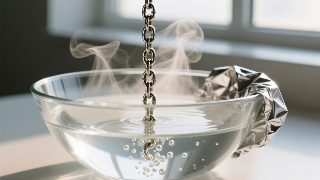 Glass bowl with steaming water and aluminum foil, showing a submerged silver chain undergoing an ion exchange cleaning process.