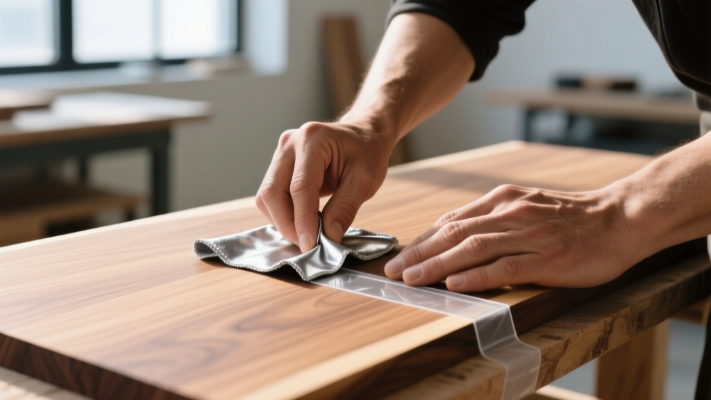 Close-up of hands applying anti-tarnish silver cloth to a sanded walnut board using acid-free tape in a bright workshop