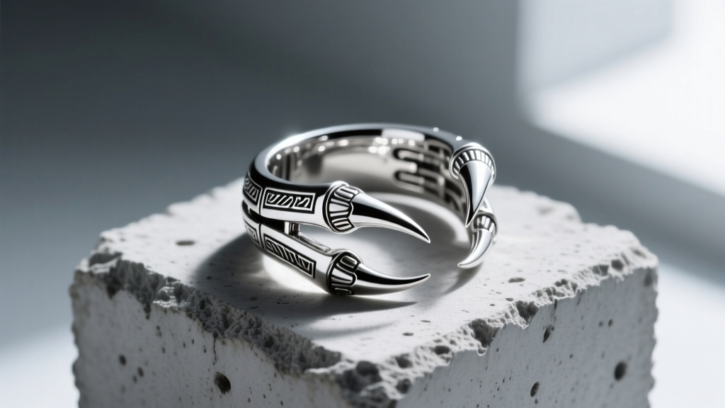 Sterling silver armor ring with sharp claw extensions covering the middle finger joints, displayed on a raw concrete block