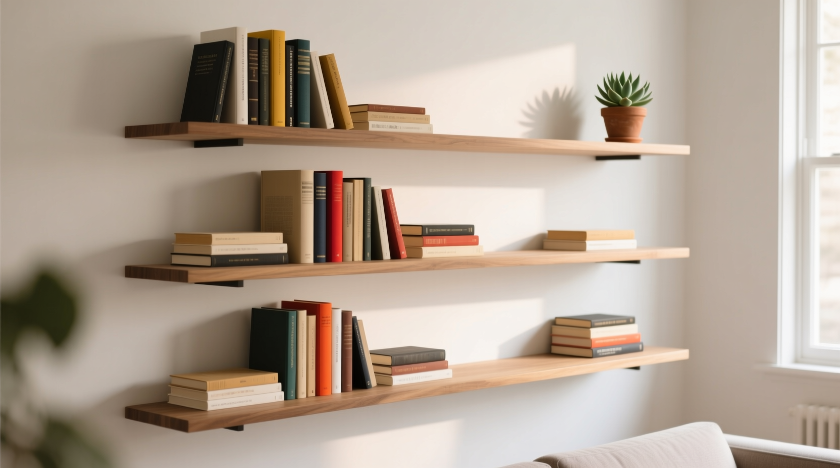 how to arrange books on floating shelves for visual balance