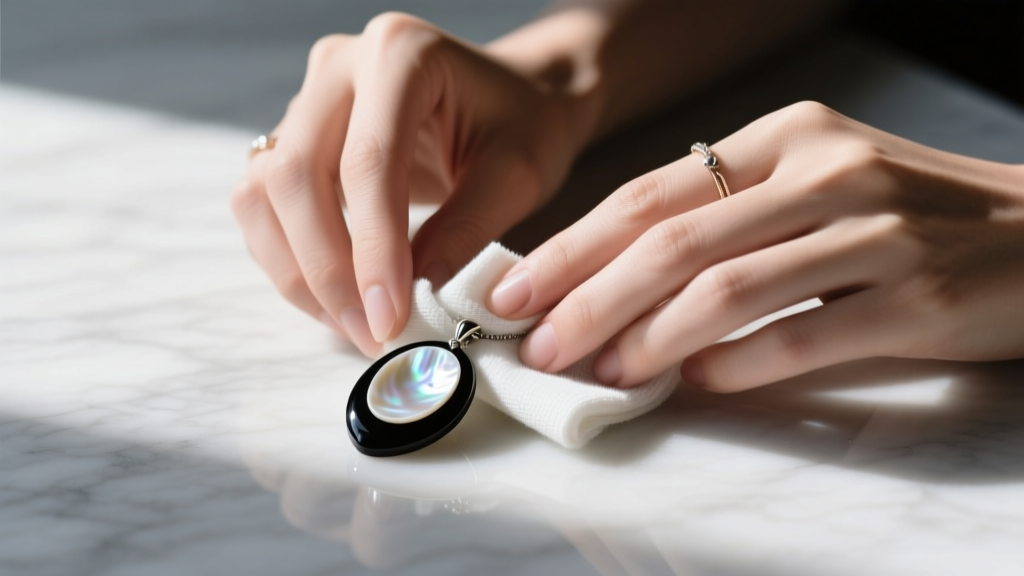 Hands gently wiping a black and white shell pendant with a microfiber cloth, revealing the restored nacre shine.