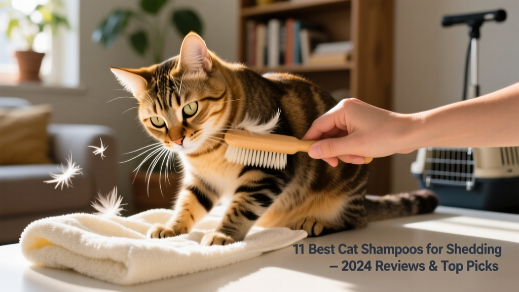 Close-up of a tabby cat being gently brushed on a towel, with loose fur visible on the surface