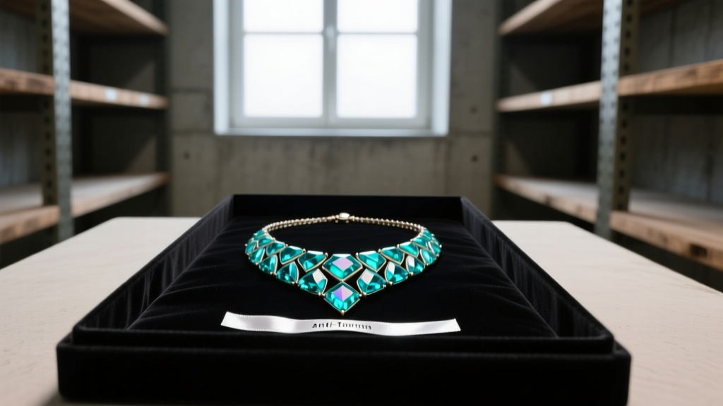 Turquoise statement necklace laid flat in a velvet box with an anti-tarnish strip, stored in a dimly lit, climate-controlled room.
