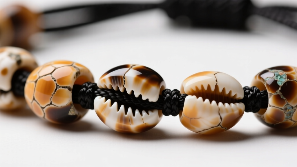 Macro shot of genuine puka shell beads on black 550 paracord, showing natural asymmetrical textures and ocean-worn edges.