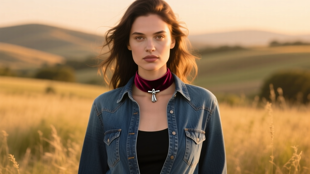 Woman in denim snap shirt wearing velvet western choker necklace with small silver bolo slider during outdoor golden hour lighting