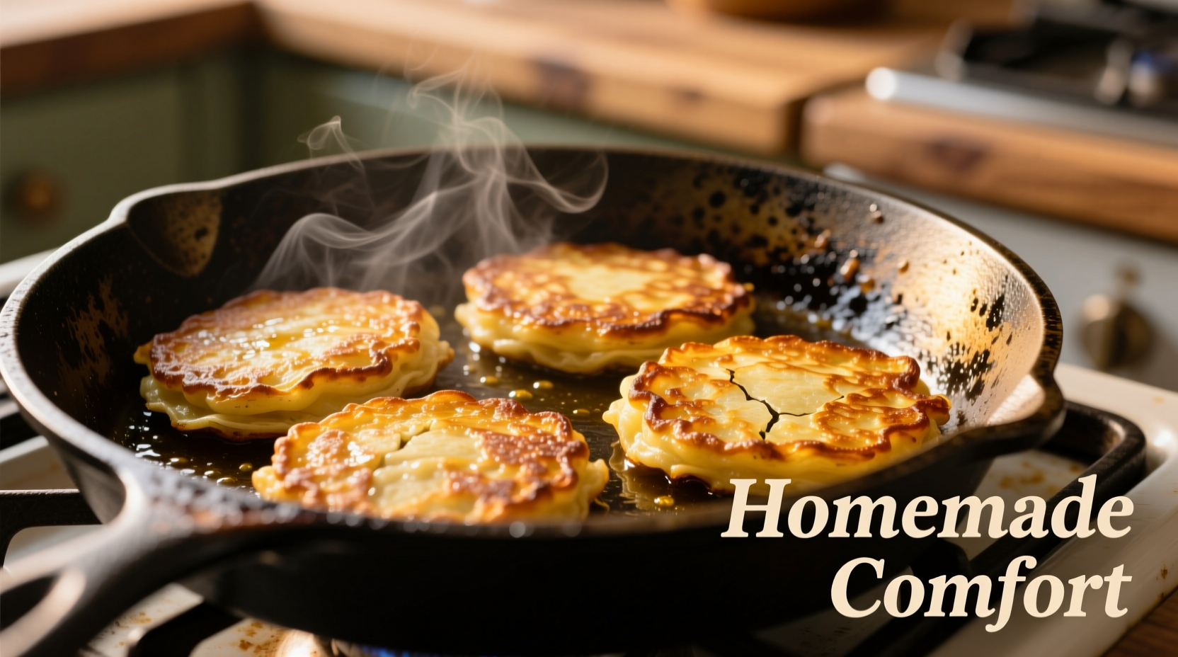 Golden potato pancakes sizzling in cast iron skillet