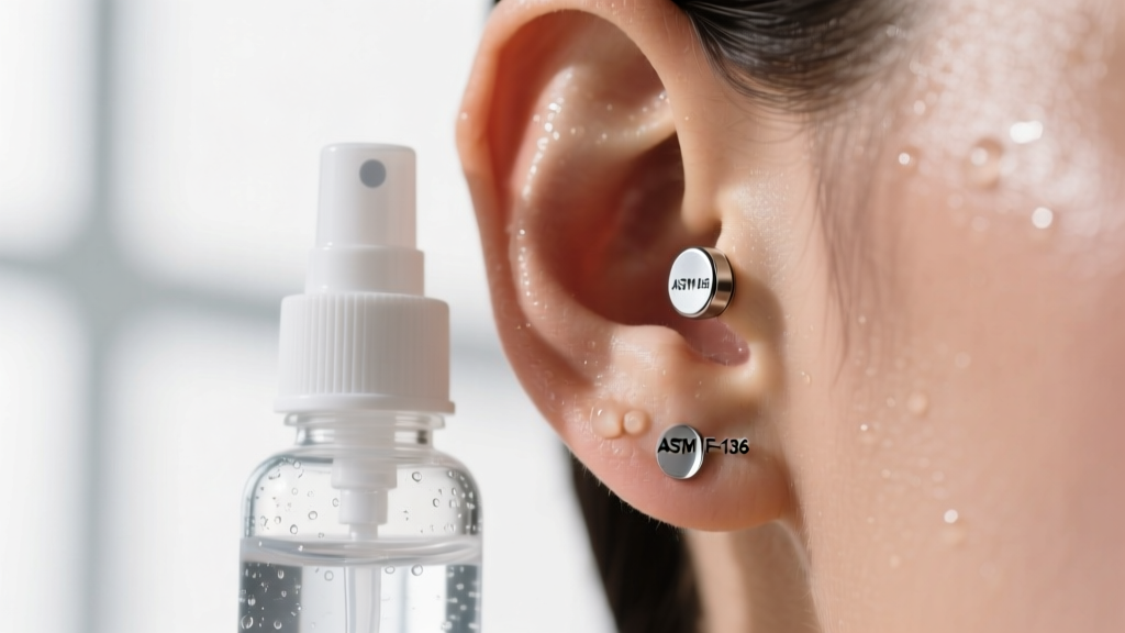 Close-up of sterile saline spray bottle next to a freshly pierced earlobe wearing an ASTM F-136 titanium flat back labret stud.