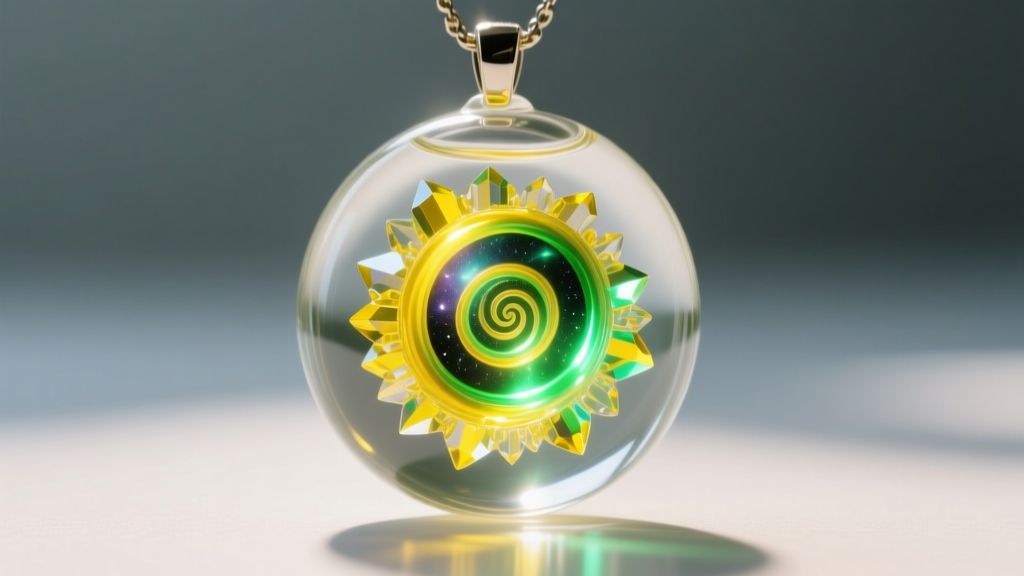 Macro shot of liquid crystals inside a glass mood pendant, revealing the layered helical structure reflecting bright yellow and green light.