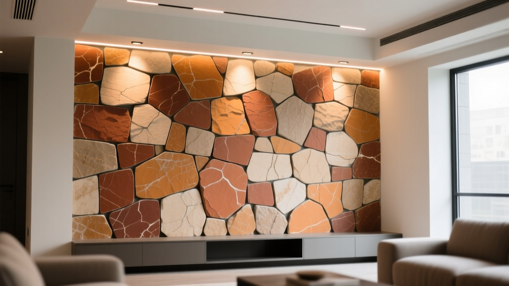 Modern living room accent wall of mixed-batch discontinued stone veneer in warm earth tones under recessed LED lighting