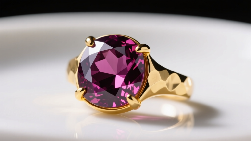 Macro shot of faceted rhodolite garnet in a hammered 14k yellow gold bezel, highlighting the purplish-red internal reflections.