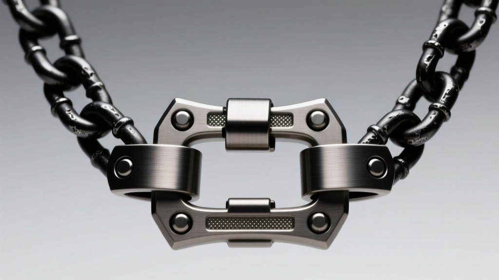 Close-up of a heavy-duty box clasp with double safety latches securing a thick bonecrusher necklace under bright studio lighting.