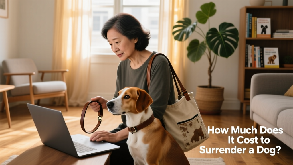 A person reviewing a dog's profile on a laptop while holding a leash and treat bag
